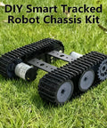 Robot Tracked Chassis Starter Kit With Two Tracks for Arduino Raspberry Pi MicroBit, black metal chassis on grass, side view.