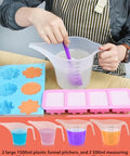 Person using measuring cup and funnel pitcher from DIY Soap Making Kit For Adults And Kids With Rectangular Loaf Mold Adjustable Wooden Cutter Funnel Pitchers Measuring Cups Silicone Molds 100 Paper Bags And All In One Craft Set Perfect For Any Occasion Gift.