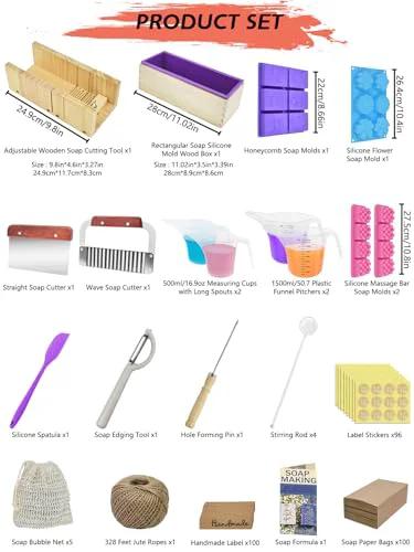 DIY Soap Making Kit For Adults And Kids With Rectangular Loaf Mold Adjustable Wooden Cutter Funnel Pitchers Measuring Cups Silicone Molds 100 Paper Bags And All In One Craft Set Perfect For Any Occasion Gift product layout with tools.