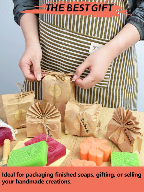 Person wrapping handmade soaps with paper bags from DIY Soap Making Kit For Adults And Kids With Rectangular Loaf Mold Adjustable Wooden Cutter
