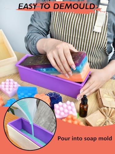 Person using DIY Soap Making Kit For Adults And Kids With Rectangular Loaf Mold Adjustable Wooden Cutter Funnel Pitchers Measuring Cups Silicone Molds 100 Paper Bags And All In One Craft Set Perfect For Any Occasion Gift