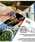 Collage showing DIY Cut To Fit Hose Clamp Kit With 30 Feet Strap And 30 Fasteners In Stainless Steel Large Worm Gear Band Clamp Assortment in use
