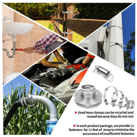 Collage showing DIY Cut To Fit Hose Clamp Kit With 30 Feet Strap And 30 Fasteners In Stainless Steel Large Worm Gear Band Clamp Assortment in use