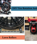 DIY tire rotation assist setup with lawn roller equipment in a garage setting.