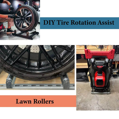 DIY tire rotation assist setup with lawn roller equipment in a garage setting.