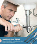 Man using 148-Piece Home Tool Kit With Case And Ratcheting Screwdriver, Pliers, Wrench, Hex Keys for plumbing repair
