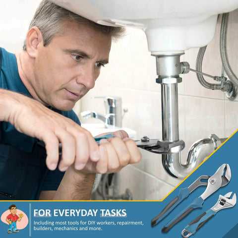 Man using 148-Piece Home Tool Kit With Case And Ratcheting Screwdriver, Pliers, Wrench, Hex Keys for plumbing repair
