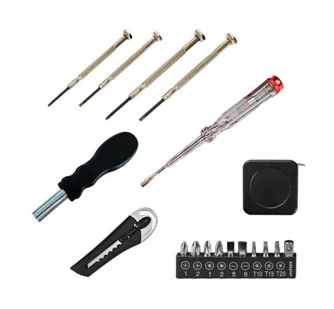 18 Piece Home Tool Kit With Screwdriver Set And Precision Tools, including precision screwdrivers, tester, wire cutter, and bit set.