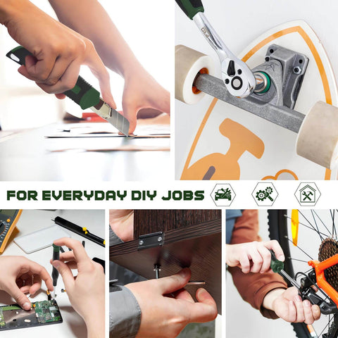 Collage of 269 Piece Tool Set For Home Auto And Mechanical Repairs Complete DIY Ready Tool Kit in use for various tasks