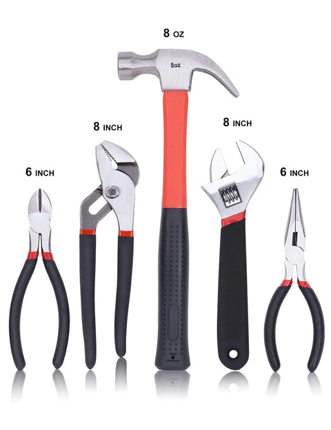 236-Piece Home Repair Tool Set With 12-Inch Wide Mouth Storage Bag, Ultimate DIY Hand Tool Kit For Home Improvement, From Pliers And Screwdrivers To Wrenches And Fasteners, Red, featuring hammer, pliers, wrenches.