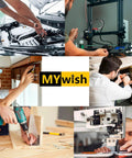 Collage of various DIY and professional repair and assembly tasks with hand tools and equipment, featuring the MYwish logo in the center