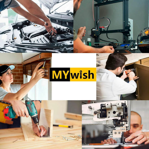 Collage of various DIY and professional repair and assembly tasks with hand tools and equipment, featuring the MYwish logo in the center
