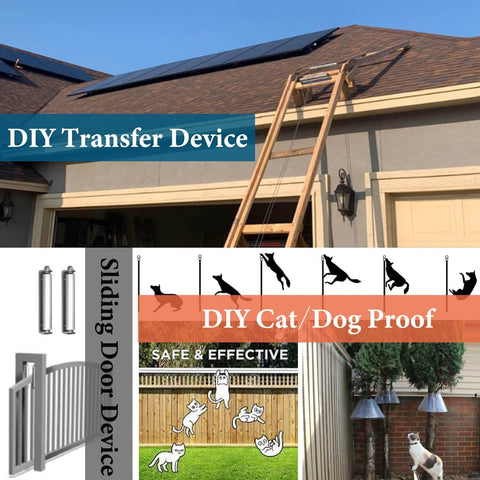 Collage featuring DIY transfer device on roof, sliding door device, and DIY cat/dog proof fence for home improvement solutions.