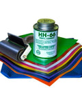 Ultimate DIY Pro Grade Vinyl Repair Patch Kit featuring 9 color 8x8 inch patches, 4 oz HH-66 vinyl cement, silicone seam roller.