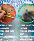 Comparison between temporary DIY hack and Stripped Screw Hole Repair Kit For Cabinets Hinges Doors And Furniture That Delivers A Fast Fix For Damaged Holes With Heavy Duty Wall And Wood Anchors Made In USA 12 Pack Restores Threads And Lets Screws Grab Like New, showing installation steps and results.