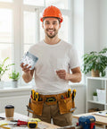 Man holding electrical box and tools, preparing to use Two Pack Steel Wire Pulling Roller Set For 4 Inch Electrical Boxes.