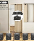 Commercial Grade Aluminum Pocket Door Track Kit For Ceiling Mount Box Rail Sliding Hardware, 48 Inch Length, Fits Up To 24 Inch Door Width, Three Wheel Hangers For Smooth Quiet Operation, Supports 1-3/8 To 1-3/4 Inch Door Thickness, shown installed in a doorway with wooden floor.