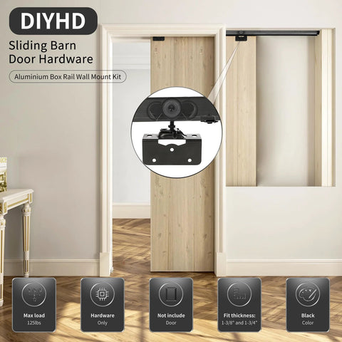 Commercial Grade Aluminum Pocket Door Track Kit For Ceiling Mount Box Rail Sliding Hardware, 48 Inch Length, Fits Up To 24 Inch Door Width, Three Wheel Hangers For Smooth Quiet Operation, Supports 1-3/8 To 1-3/4 Inch Door Thickness, shown installed in a doorway with wooden floor.
