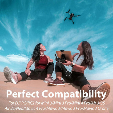 Two women using DJI drone with Aluminum Alloy Remote Controller Sticks Set For DJI Drones Four High Precision Replacement Joysticks For Mini 3 Mini 3 Pro Mini 4 Pro Air 3 3S Air 2S Neo Mavic 3 Series And Mavic 4 Pro