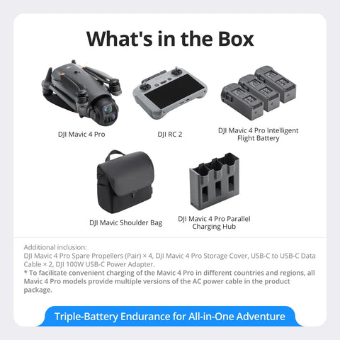 Contents of DJI Mavic 4 Pro Fly More Combo With DJI RC 2 Tri Camera Drone Featuring 100MP Four Thirds CMOS Hasselblad Main Sensor.