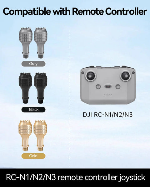Three Pairs Replacement Remote Controller Joysticks For DJI RC N3 N2 N1 And SKYROVER X1 in gray, black, and gold alongside a DJI remote.
