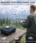IP67 waterproof and shockproof travel hard case on a wooden table in a scenic outdoor setting, designed for DJI Neo Fly More Combo.