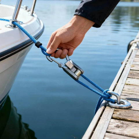 Boat secured with blue rope and stainless steel hook near a dock.