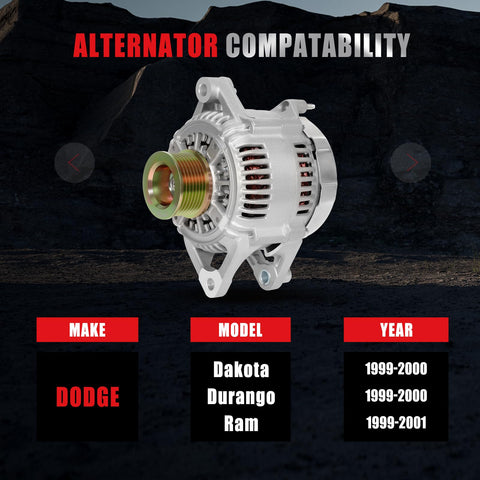 New High Output 136 Amp 12V Alternator For Dodge Dakota Durango Ram 1500 3.9L 5.2L 5.9L 1999 2000 Replacement Replaces 5104763AA