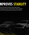 Text highlighting improved stability with two parked cars in the background, showcasing suspension shock absorber benefits.