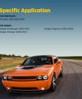 Orange Dodge Challenger on road highlighting specific application for Chrysler 300, Dodge Challenger, Charger, Magnum models 2005-2014.