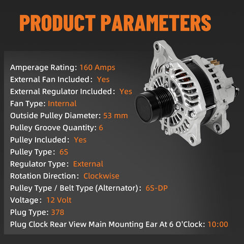 Heavy Duty 12V 160A Alternator For Dodge Journey 2.4L 2009-2020 CW 6 Groove Belt Compatible on black background
