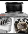 Close-up of Dodge Ram 1999 2000 Alternator 117A 12V With 7 Groove Pulley Drop In Direct Fit showing pulley and connector details.