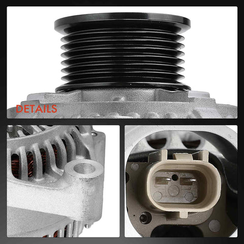 Close-up of Dodge Ram 1999 2000 Alternator 117A 12V With 7 Groove Pulley Drop In Direct Fit showing pulley and connector details.