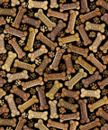 Pattern of assorted dog biscuits and paw prints, featuring "Good Dog" bones in various shades of brown against a black background.