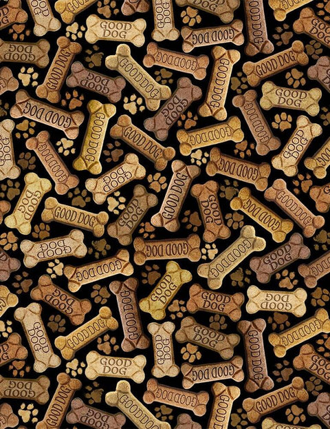 Pattern of assorted dog biscuits and paw prints, featuring "Good Dog" bones in various shades of brown against a black background.