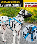 Dalmatian with blue dog harness featuring 4.7 Inch Double Ended Bolt Snap Hooks With 220 Lbs Capacity Heavy Duty Rust Resistant Zinc Alloy Clips.