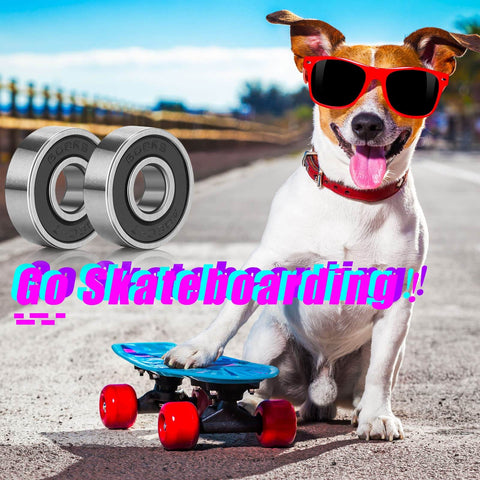 Dog with skateboard and 30-Pack 608RS Sealed Ball Bearings for Skateboards, Inline Skates, Scooters in the background.