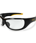 Dominator Z87 Plus Safety Glasses with Black Full Frame and Clear Lenses, side view of protective eyewear for construction use.