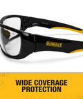 Side view of Dominator Z87 Plus Safety Glasses with black full frame and clear lenses, highlighting wide coverage protection.