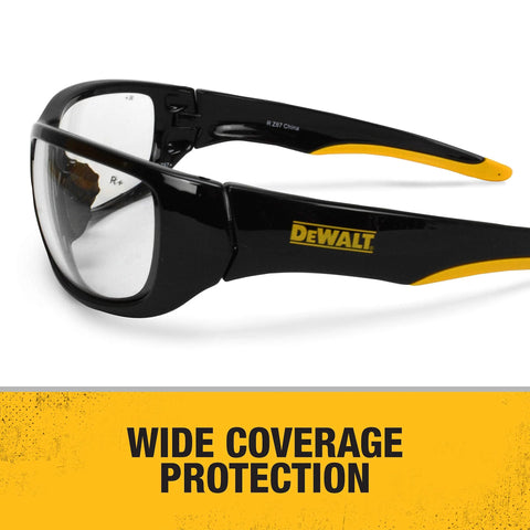 Side view of Dominator Z87 Plus Safety Glasses with black full frame and clear lenses, highlighting wide coverage protection.