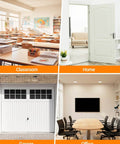 Four different settings where door stoppers are used: classroom, home interior, garage, and office.