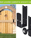 Heavy Duty 2x4 Door Barricade Brackets With Rotating Lock, black powder-coated 4mm steel U brackets shown on wooden gate