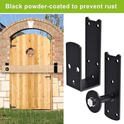 Heavy Duty 2x4 Door Barricade Brackets With Rotating Lock, black powder-coated 4mm steel U brackets shown on wooden gate