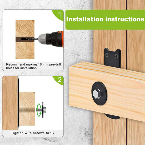 Installation instructions for Heavy Duty 2x4 Door Barricade Brackets With Rotating Lock, shows wood mounting and pre-drilling steps.