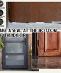 2 Pcs Kerf Style Door Bottom 36" Long 1 3/4" Wide Replacement Threshold Seal with Vinyl Fins Weatherstrip Draft Stopper for Interior Exterior Doors (Black) shown installed on wooden and glass doors, highlighting sealing and weatherproofing features.