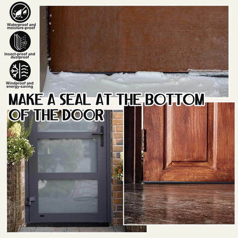 2 Pcs Kerf Style Door Bottom 36" Long 1 3/4" Wide Replacement Threshold Seal with Vinyl Fins Weatherstrip Draft Stopper for Interior Exterior Doors (Black) shown installed on wooden and glass doors, highlighting sealing and weatherproofing features.