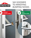 Comparison of door handle with and without bumper strips by X-Protector, showing wall damage prevention.