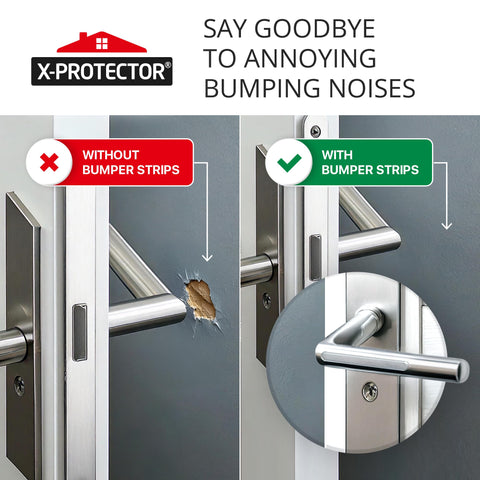 Comparison of door handle with and without bumper strips by X-Protector, showing wall damage prevention.