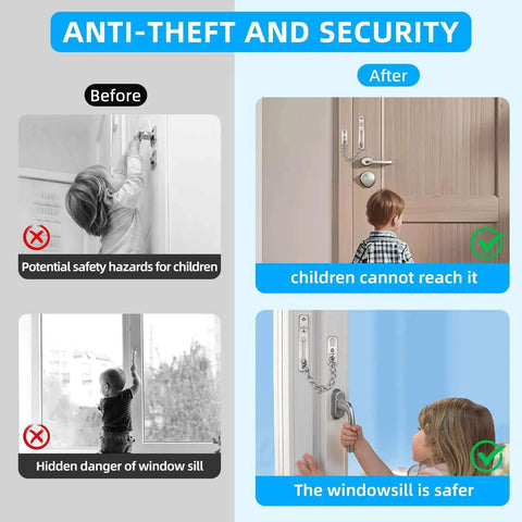 Before and after of Beefy Heavy Duty Door Chain Lock with 304 stainless steel, showing child safety on interior doors.