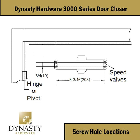 Diagram showing screw hole locations for Door Closer, Commercial Hydraulic Closer, Series 3000, surface mount installation.